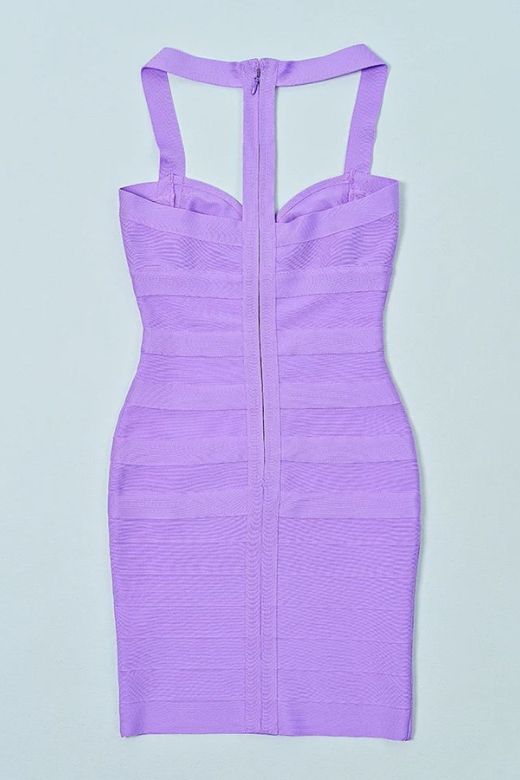 Woman wearing a figure flattering Mara Bandage Mini Dress - Violet Purple BODYCON COLLECTION