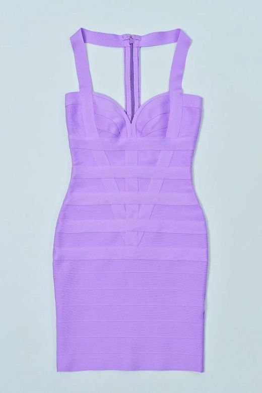 Woman wearing a figure flattering Mara Bandage Mini Dress - Violet Purple BODYCON COLLECTION