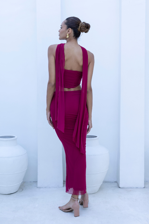 Woman wearing a figure flattering Margot Wrap Top and Maxi Skirt Outfit Set - Red Wine BODYCON COLLECTION