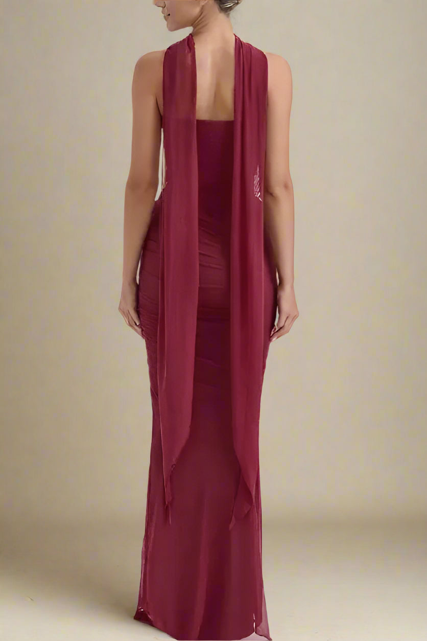 Woman wearing a figure flattering Margot Wrap Top and Maxi Skirt Outfit Set - Red Wine BODYCON COLLECTION