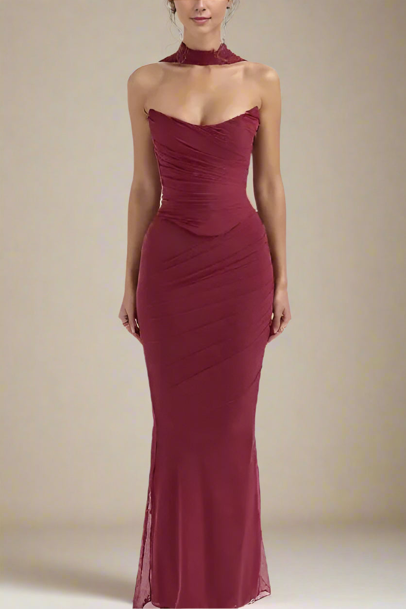 Woman wearing a figure flattering Margot Wrap Top and Maxi Skirt Outfit Set - Red Wine BODYCON COLLECTION