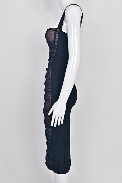 Woman wearing a figure flattering Marilyn Bodycon Wrap Midi Dress - Classic Black BODYCON COLLECTION