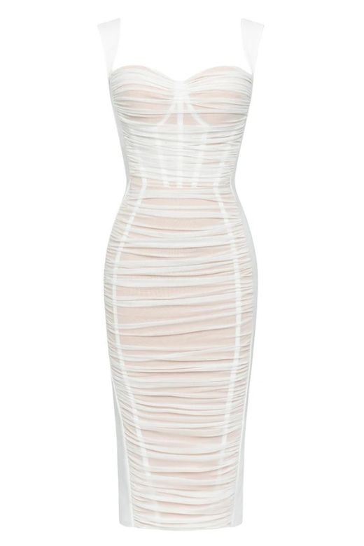 Woman wearing a figure flattering Marilyn Bodycon Wrap Midi Dress - Pearl White BODYCON COLLECTION