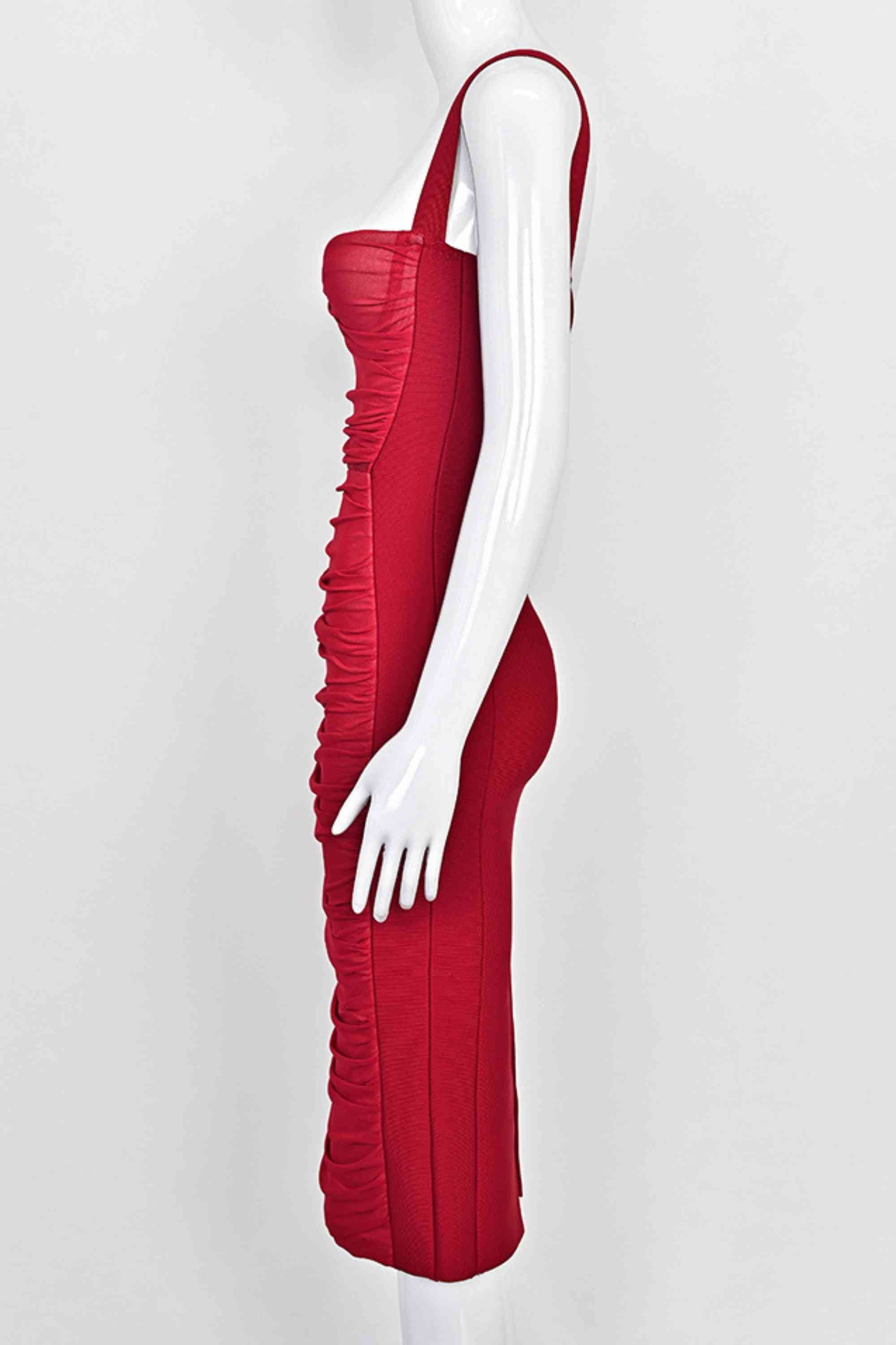 Woman wearing a figure flattering Marilyn Bodycon Wrap Midi Dress - Red Wine BODYCON COLLECTION