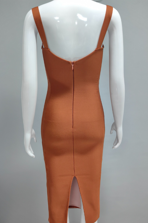 Woman wearing a figure flattering Marilyn Bodycon Wrap Midi Dress - Rustic Brown BODYCON COLLECTION