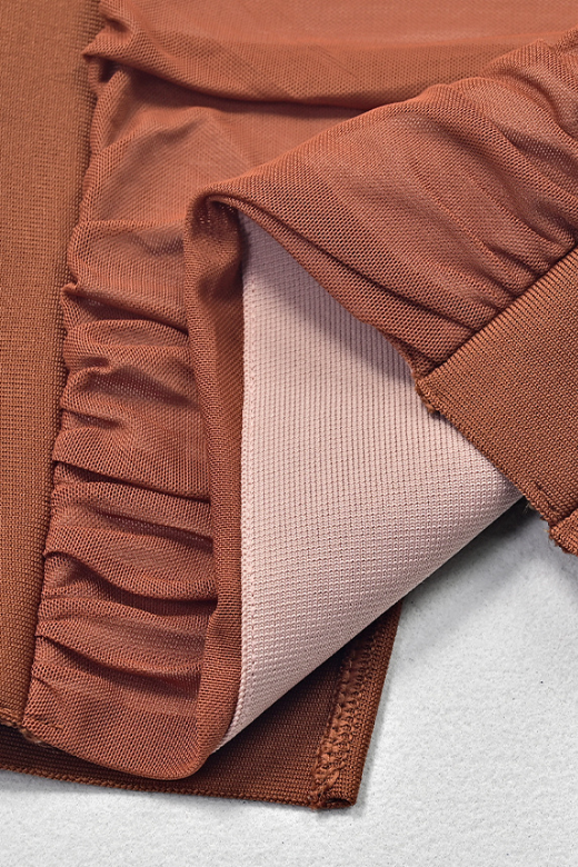 Woman wearing a figure flattering Marilyn Bodycon Wrap Midi Dress - Rustic Brown BODYCON COLLECTION