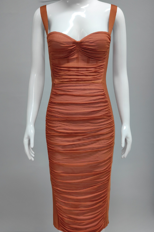 Woman wearing a figure flattering Marilyn Bodycon Wrap Midi Dress - Rustic Brown BODYCON COLLECTION