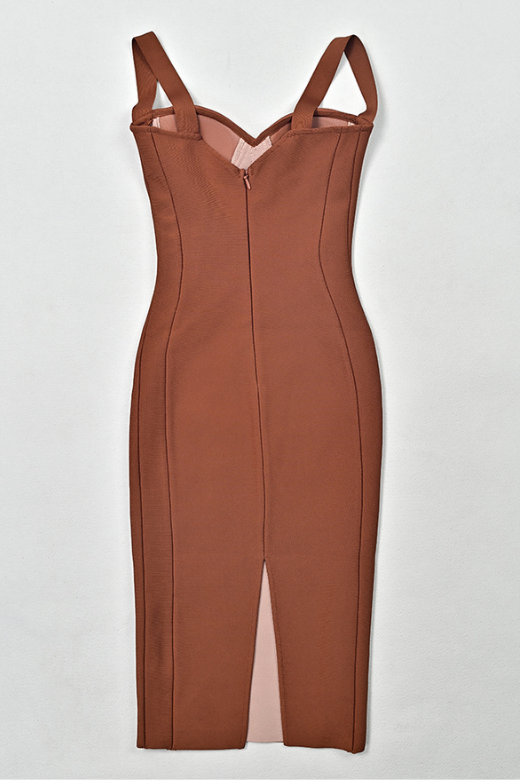 Woman wearing a figure flattering Marilyn Bodycon Wrap Midi Dress - Rustic Brown BODYCON COLLECTION