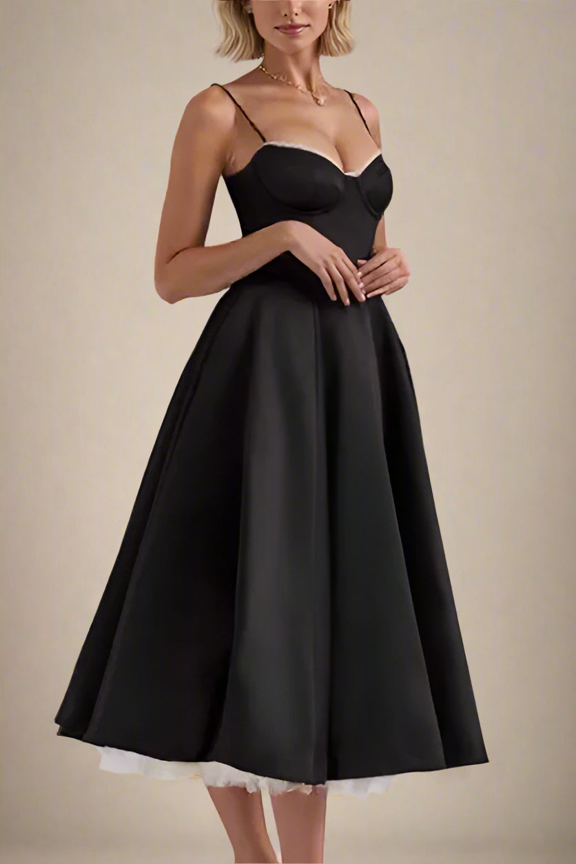 Woman wearing a figure flattering Mavis Bodycon Midi Dress - Classic Black BODYCON COLLECTION