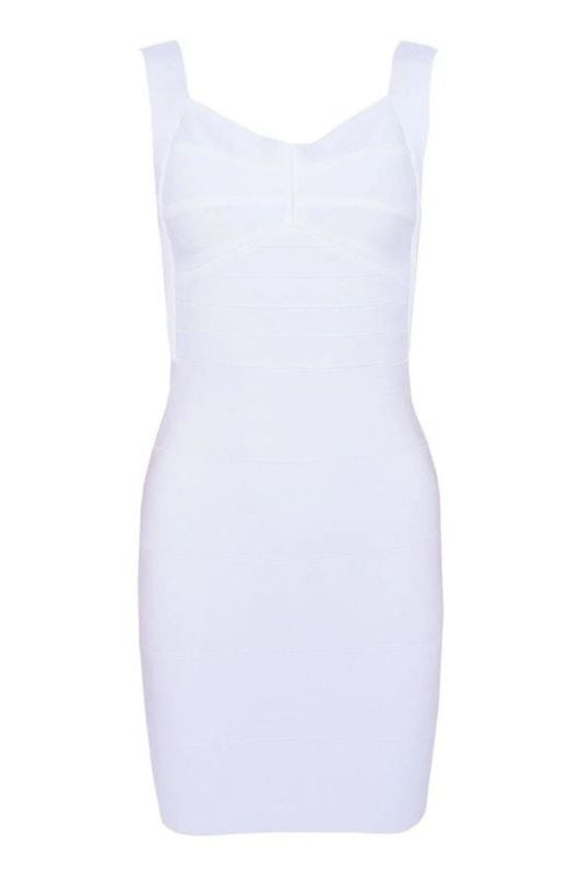 Woman wearing a figure flattering Maya Bandage Mini Dress - Pearl White BODYCON COLLECTION