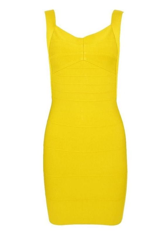 Woman wearing a figure flattering Maya Bandage Mini Dress - Sun Yellow BODYCON COLLECTION