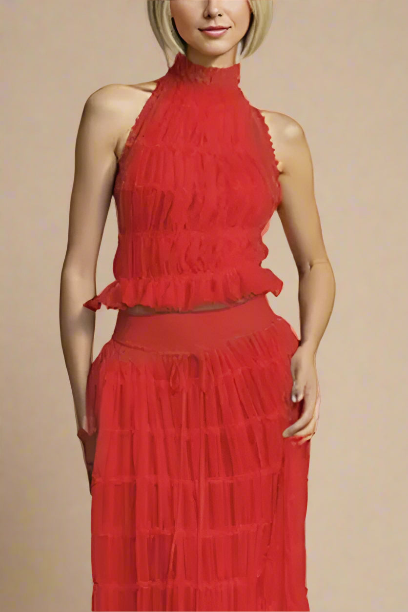 Woman wearing a figure flattering Meryl Wrap Top and Maxi Skirt Set - Chilli Red BODYCON COLLECTION