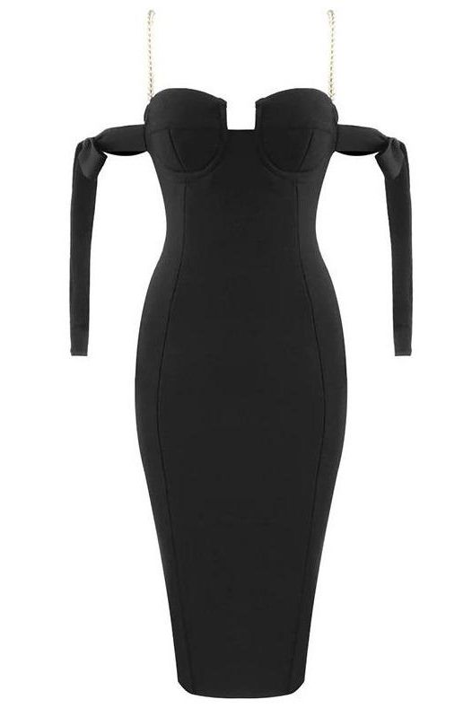 Woman wearing a figure flattering Mia Bandage Dress - Classic Black BODYCON COLLECTION