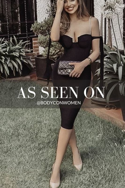 Woman wearing a figure flattering Mia Bandage Dress - Classic Black BODYCON COLLECTION