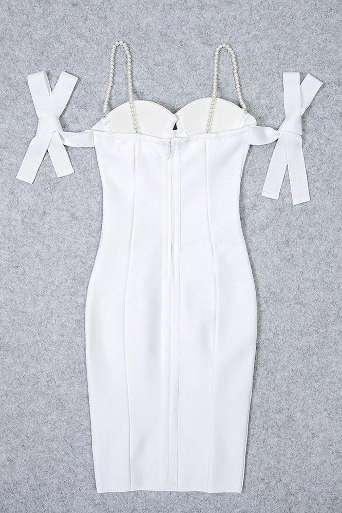 Woman wearing a figure flattering Mia Bandage Dress - Pearl White BODYCON COLLECTION