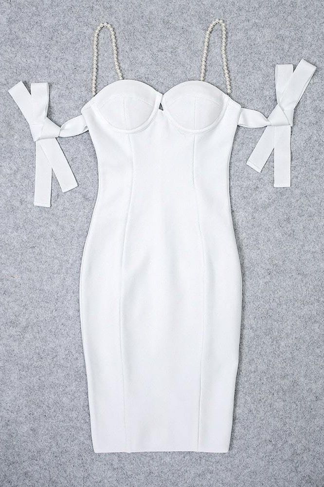 Woman wearing a figure flattering Mia Bandage Dress - Pearl White BODYCON COLLECTION