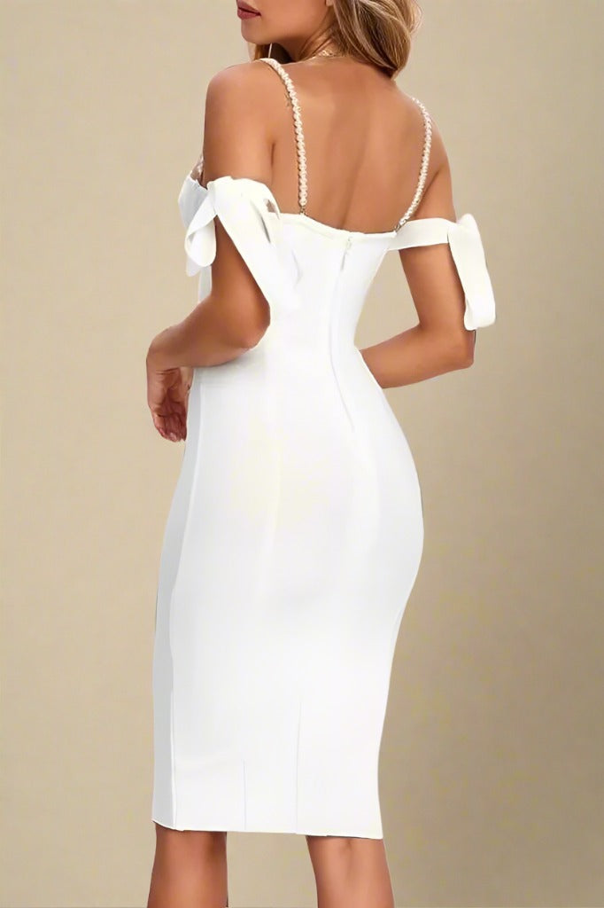 Woman wearing a figure flattering Mia Bandage Dress - Pearl White BODYCON COLLECTION