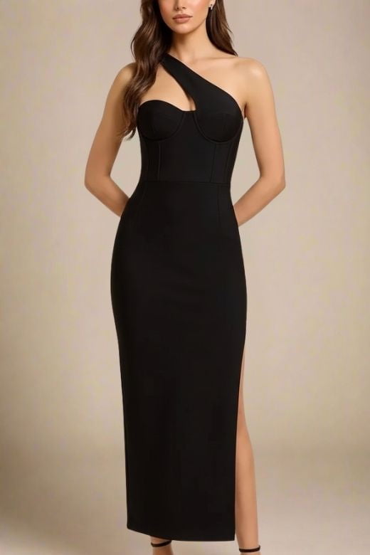 Woman wearing a figure flattering Mia Bodycon Midi Dress - Classic Black BODYCON COLLECTION Pty Ltd