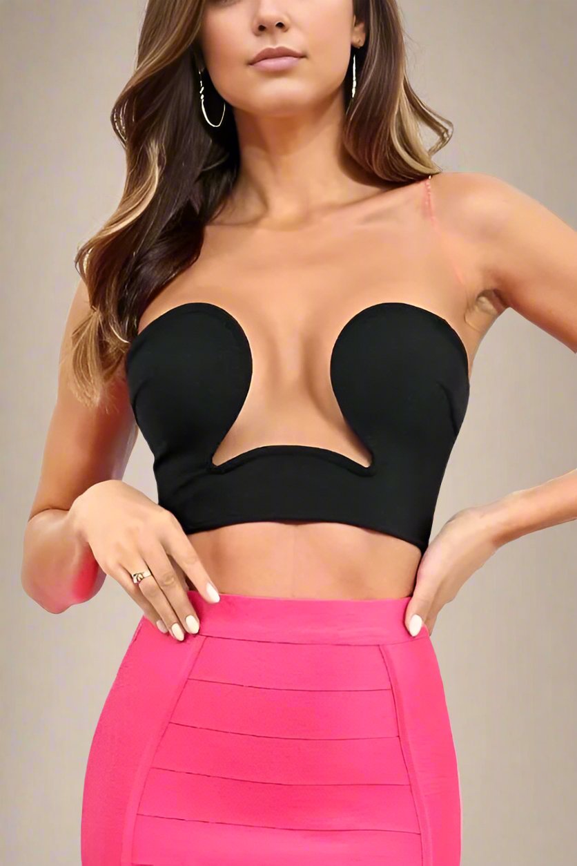 Woman wearing a figure flattering Mika Bandage Crop Top - Classic Black BODYCON COLLECTION