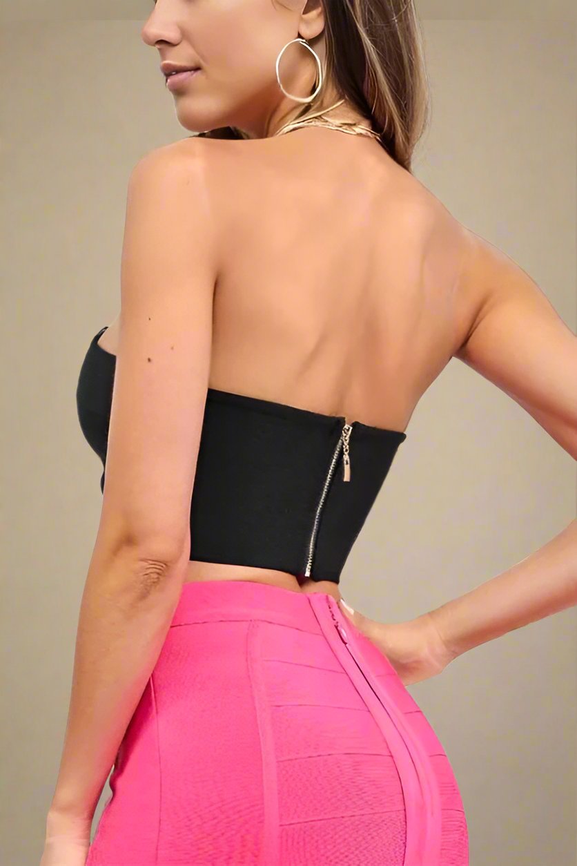 Woman wearing a figure flattering Mika Bandage Crop Top - Classic Black BODYCON COLLECTION