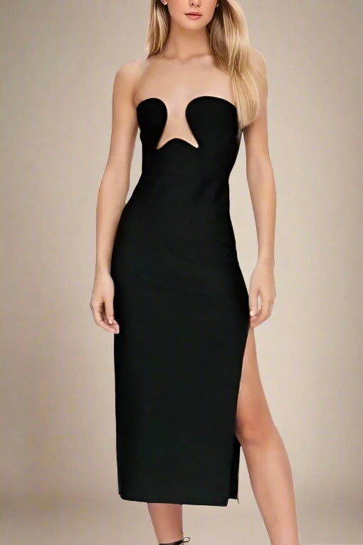 Woman wearing a figure flattering Mika Bodycon Midi Dress - Classic Black BODYCON COLLECTION
