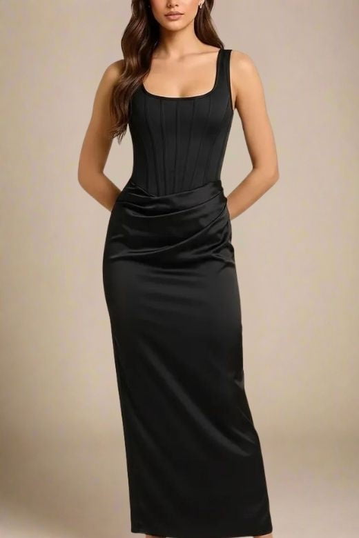 Woman wearing a figure flattering Mila Bodycon Wrap Maxi Dress - Classic Black BODYCON COLLECTION Pty Ltd