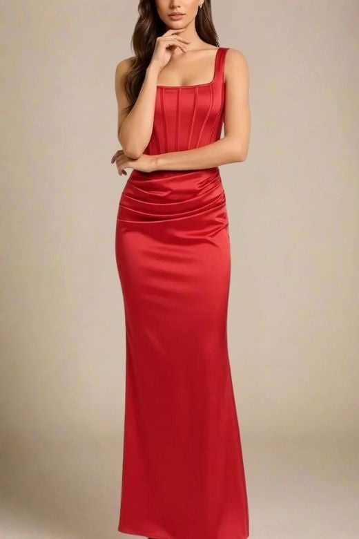 Woman wearing a figure flattering Mila Bodycon Wrap Maxi Dress - Lipstick Red BODYCON COLLECTION Pty Ltd