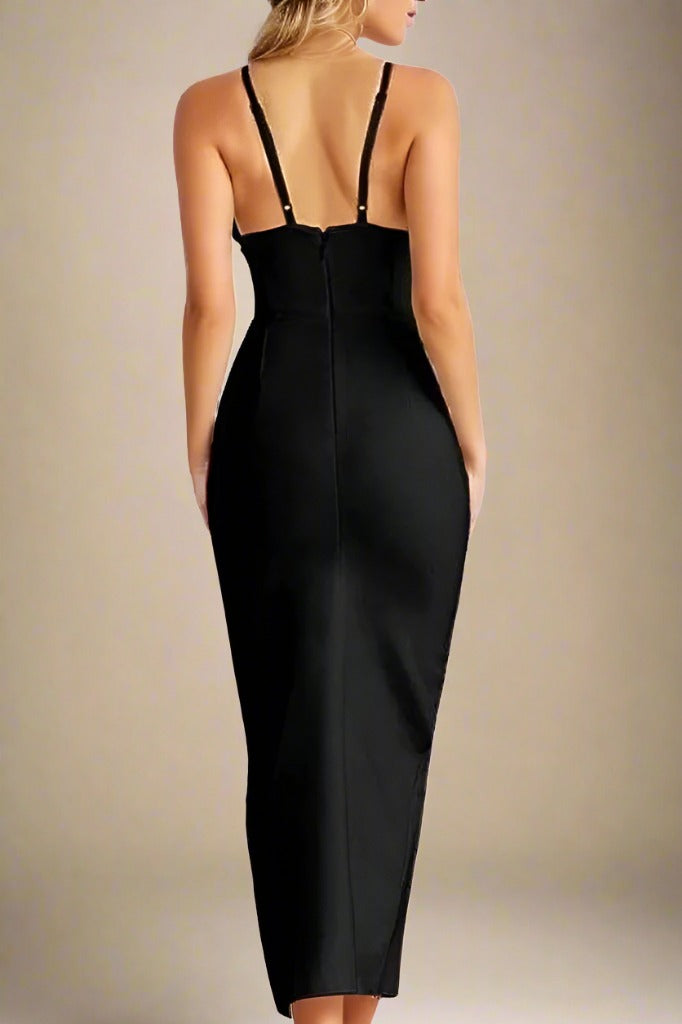 Woman wearing a figure flattering Milan Bandage Midi Dress - Classic Black BODYCON COLLECTION