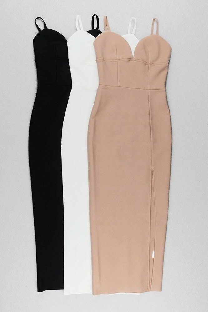 Woman wearing a figure flattering Milan Bandage Midi Dress - Nude BODYCON COLLECTION