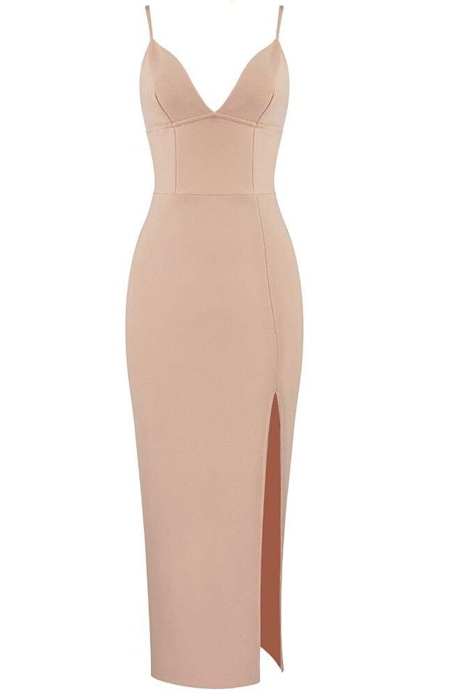 Woman wearing a figure flattering Milan Bandage Midi Dress - Nude BODYCON COLLECTION