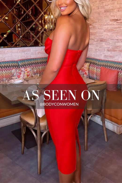 Woman wearing a figure flattering Miles Bodycon Midi Dress - Lipstick Red BODYCON COLLECTION