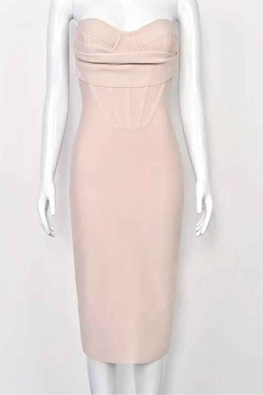Woman wearing a figure flattering Miles Bodycon Midi Dress - Nude BODYCON COLLECTION