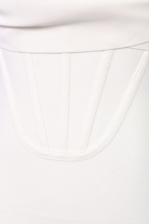 Woman wearing a figure flattering Miles Bodycon Midi Dress - Pearl White BODYCON COLLECTION