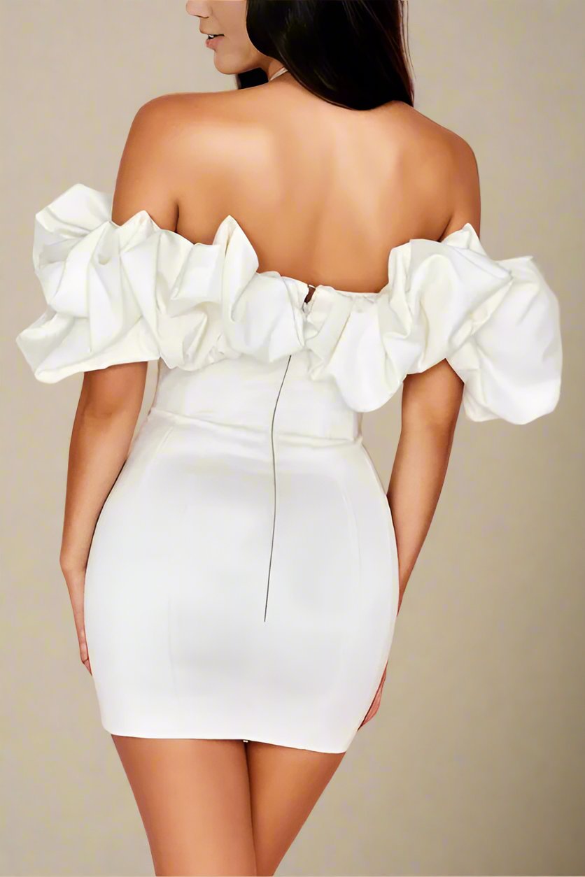 Woman wearing a figure flattering Minnie Bodycon Mini Dress - Pearl White BODYCON COLLECTION