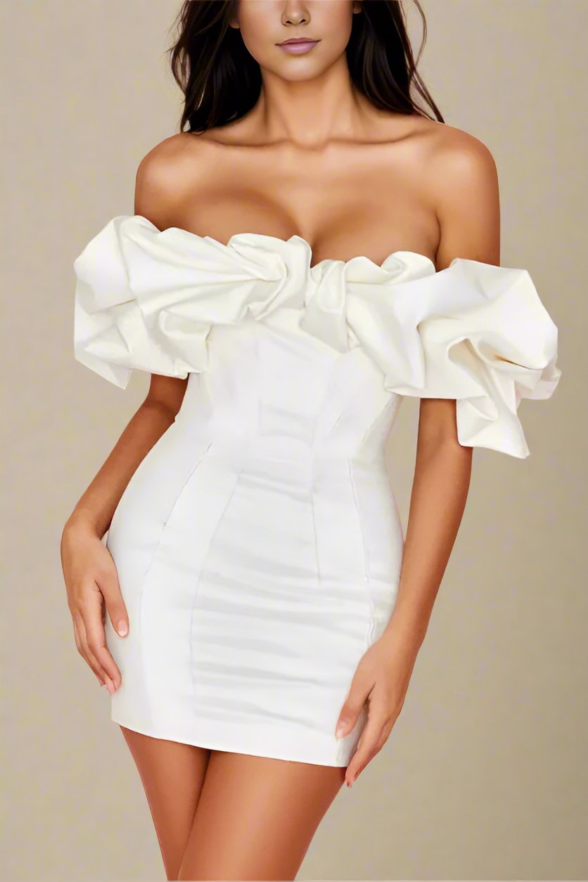 Woman wearing a figure flattering Minnie Bodycon Mini Dress - Pearl White BODYCON COLLECTION