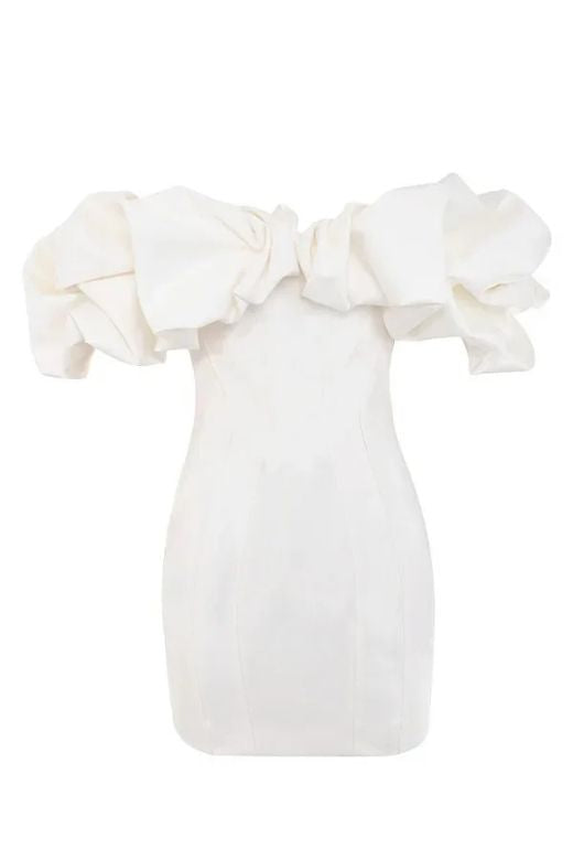 Woman wearing a figure flattering Minnie Bodycon Mini Dress - Pearl White BODYCON COLLECTION