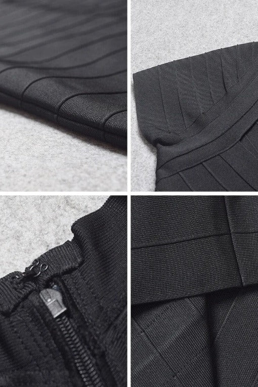 Woman wearing a figure flattering  Miranda Bandage Mini Dress - Classic Black Bodycon Collection