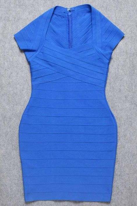 Woman wearing a figure flattering  Miranda Bandage Mini Dress - Royal Blue Bodycon Collection