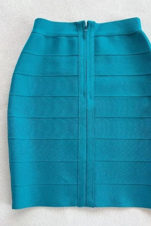 Woman wearing a figure flattering Missy High Waist Bandage Mini Skirt - Teal Blue BODYCON COLLECTION Pty Ltd