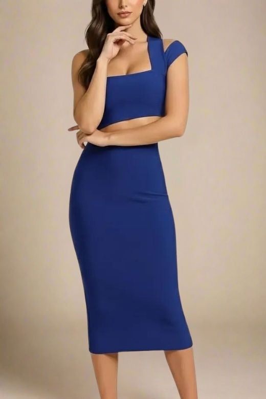 Woman wearing a figure flattering Molly Bandage Midi Dress - Navy Blue BODYCON COLLECTION