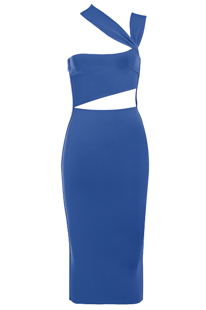 Woman wearing a figure flattering  Molly Bandage Midi Dress - Navy Blue BODYCON COLLECTION