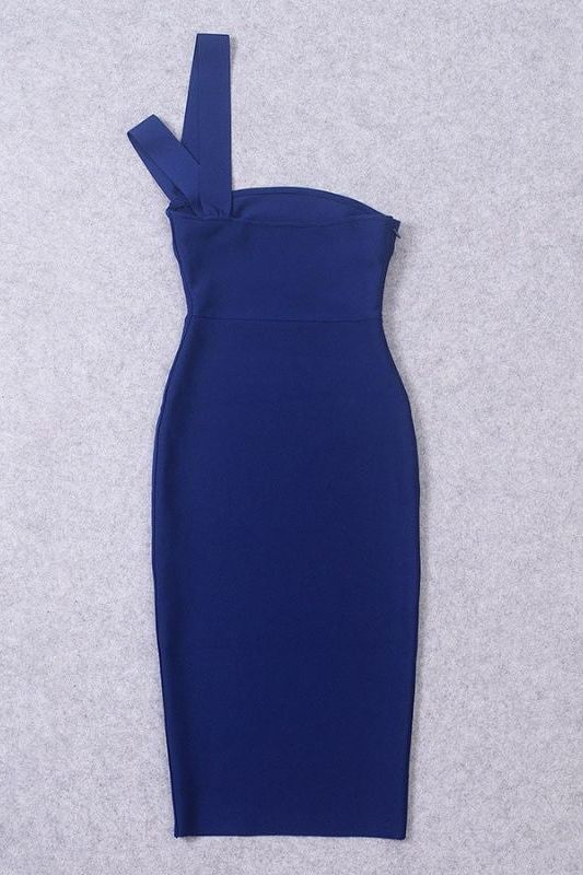 Woman wearing a figure flattering Molly Bandage Midi Dress - Navy Blue BODYCON COLLECTION