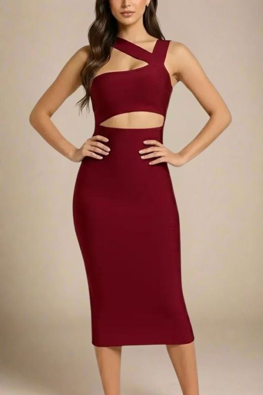 Woman wearing a figure flattering Molly Bandage Midi Dress - Red Wine BODYCON COLLECTION