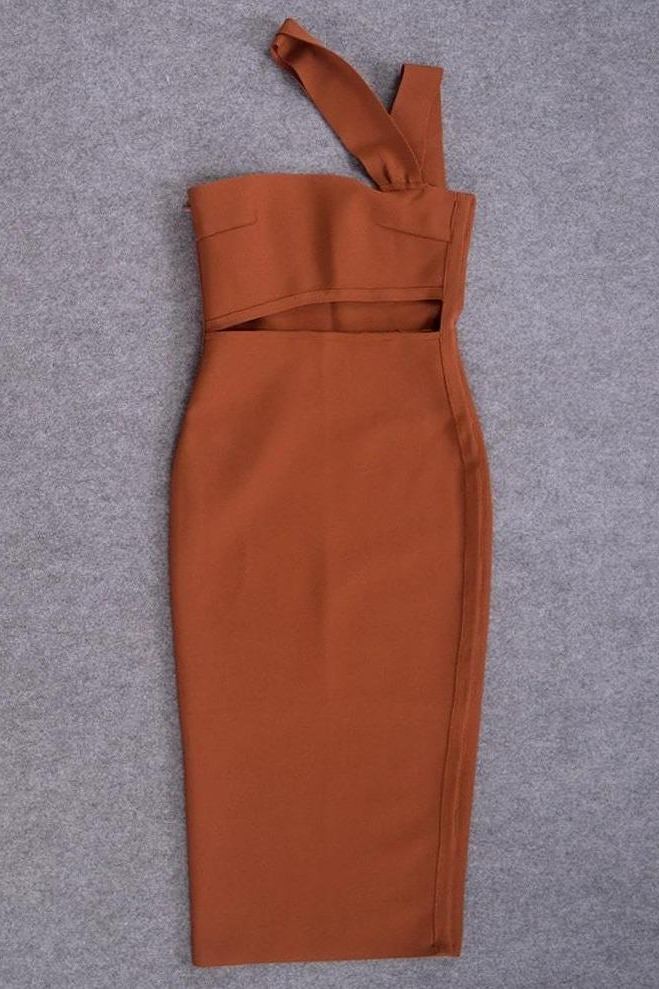 Woman wearing a figure flattering Molly Bandage Midi Dress - Tan Brown BODYCON COLLECTION