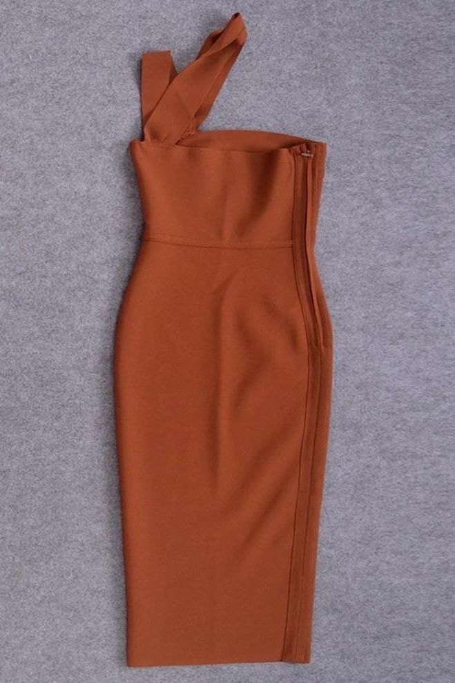 Woman wearing a figure flattering Molly Bandage Midi Dress - Tan Brown BODYCON COLLECTION