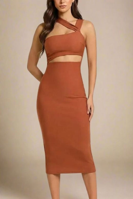 Woman wearing a figure flattering Molly Bandage Midi Dress - Tan Brown BODYCON COLLECTION