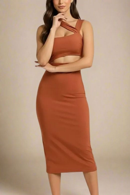 Woman wearing a figure flattering Molly Bandage Midi Dress - Tan Brown BODYCON COLLECTION