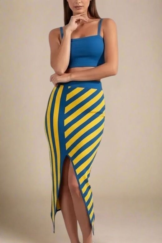 Woman wearing a figure flattering Nadia Bandage Crop Top and Midi Skirt Outfit Set - Royal Blue BODYCON COLLECTION