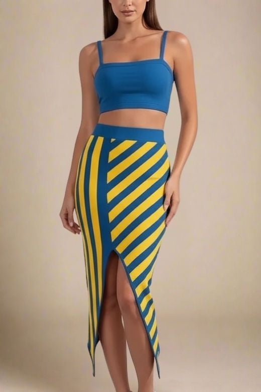 Woman wearing a figure flattering Nadia Bandage Crop Top and Midi Skirt Outfit Set - Royal Blue BODYCON COLLECTION