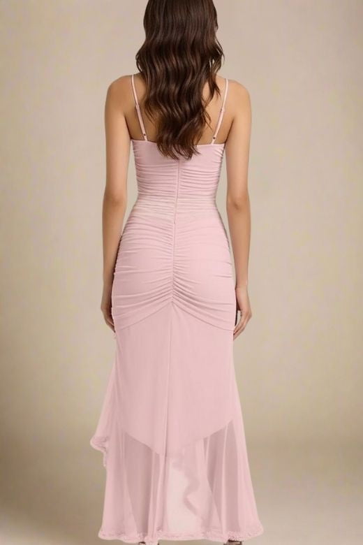 Woman wearing a figure flattering Noah Bodycon Wrap Midi Dress- Dusty Pink BODYCON COLLECTION